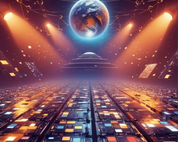 Futuristic Landscape with Glowing Earth and Technology