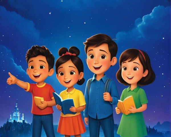 Animated Characters with Books Under Starry Sky
