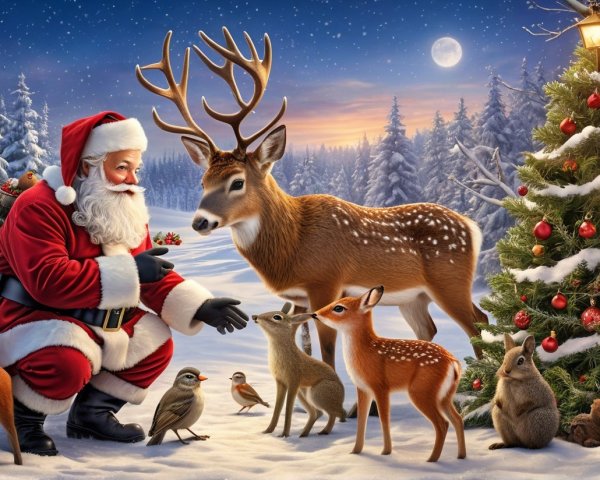 Santa Claus in snowy forest with woodland animals