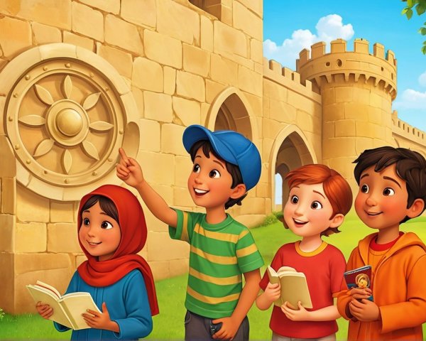 Children Engaged in Conversation by Castle Wall