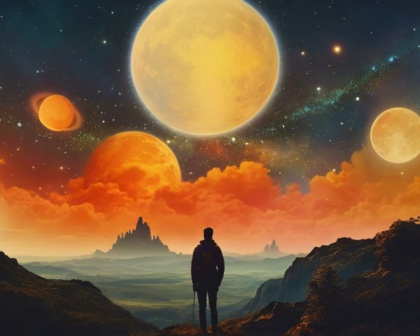 Lone Figure on Hill Overlooking Cosmic Landscape