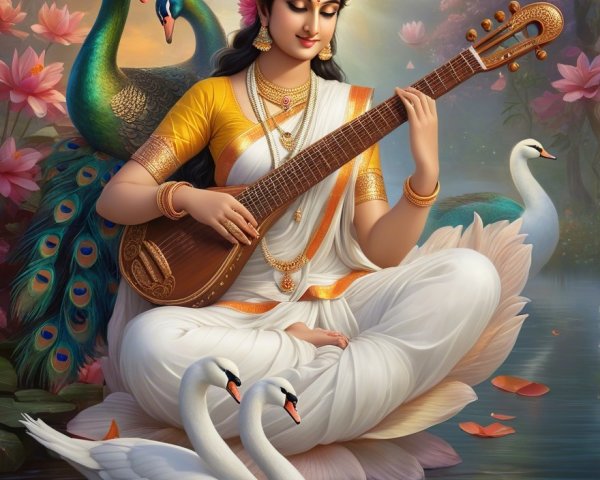 Goddess on Lotus in Tranquil Pond with Peacocks