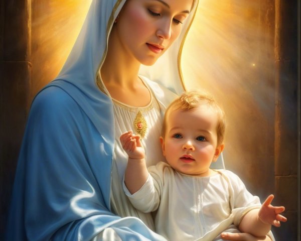 Serene Madonna Cradling Baby in Gentle Light