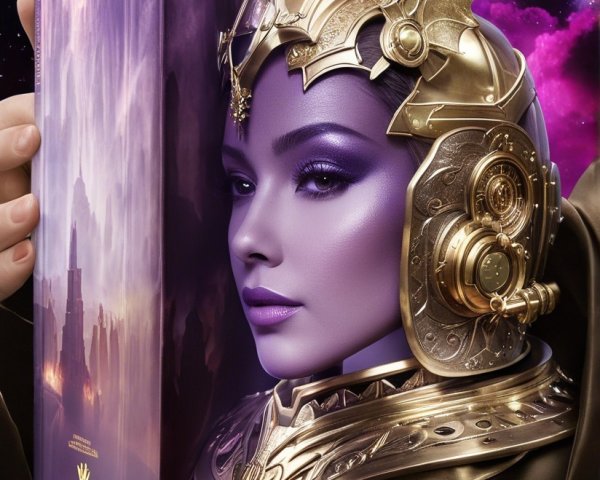 Fantasy Character with Elegant Helmet in Cosmic Setting