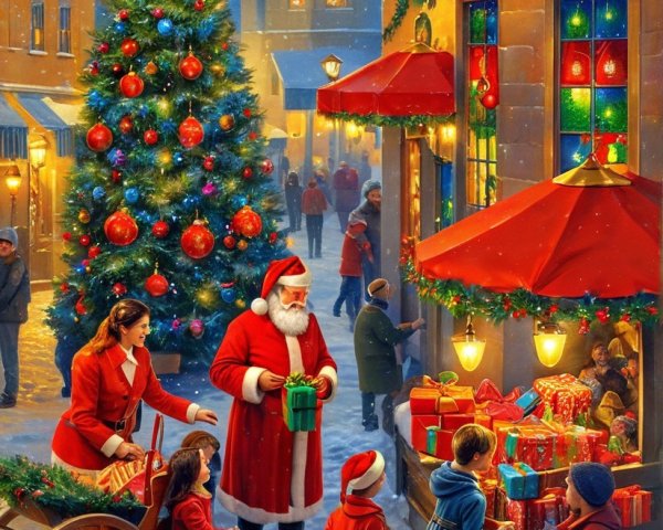 Festive Winter Town Square with Christmas Decorations