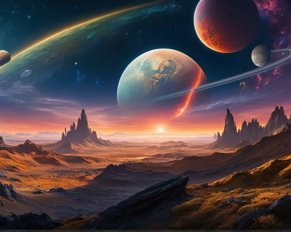 Alien Landscape with Towering Rocks and Vibrant Sky