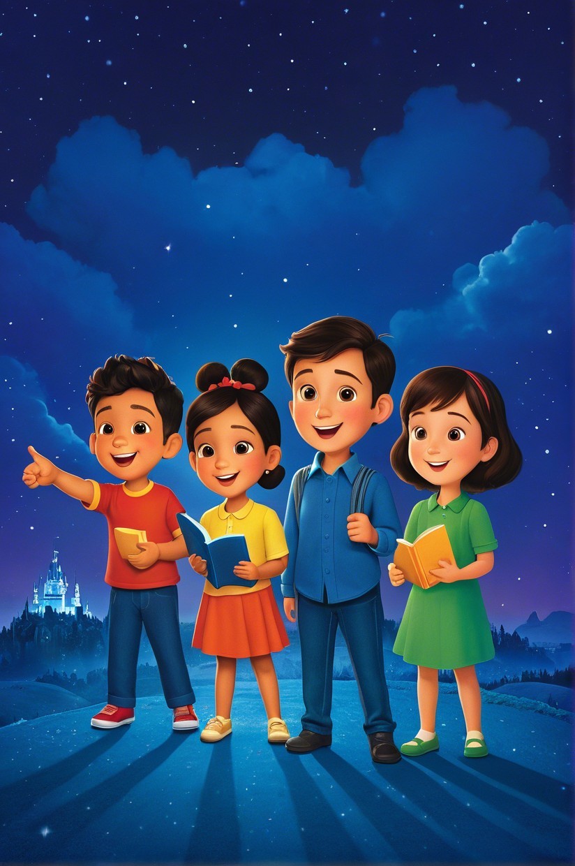 Animated Characters with Books Under Starry Sky