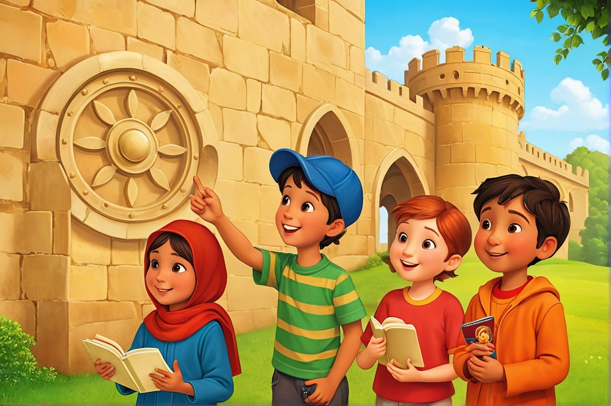 Children Engaged in Conversation by Castle Wall