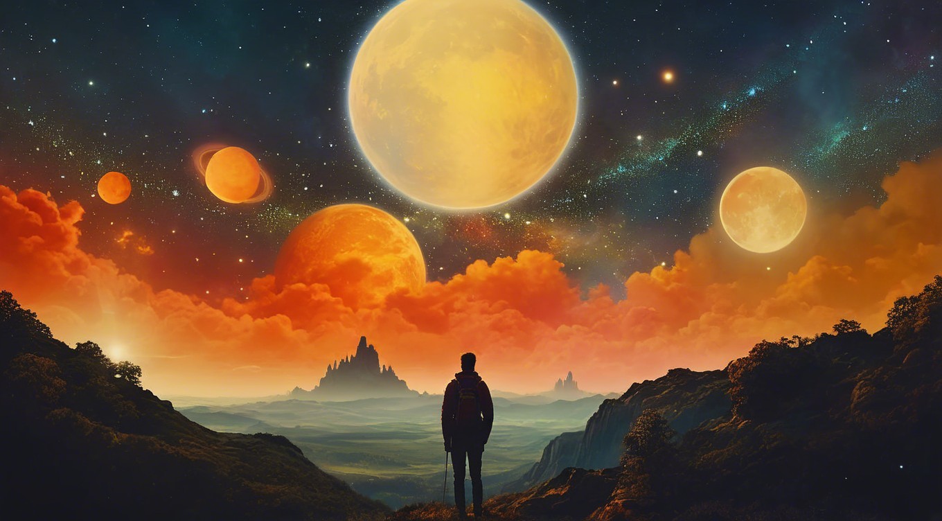 Lone Figure on Hill Overlooking Cosmic Landscape