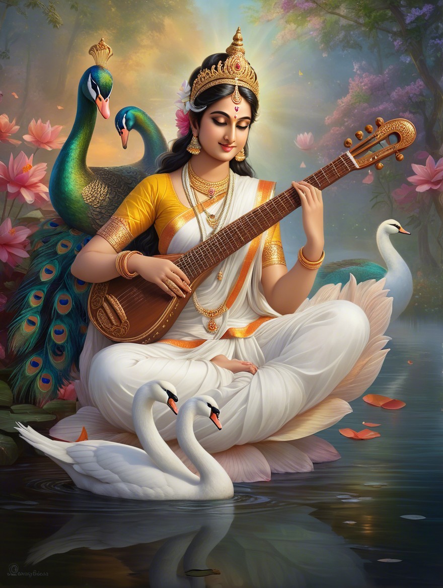 Goddess on Lotus in Tranquil Pond with Peacocks