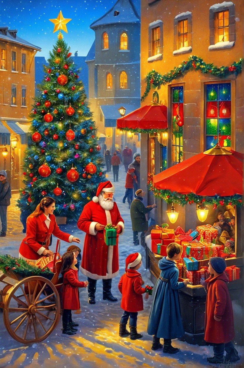 Festive Winter Town Square with Christmas Decorations