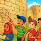 Children Engaged in Conversation by Castle Wall