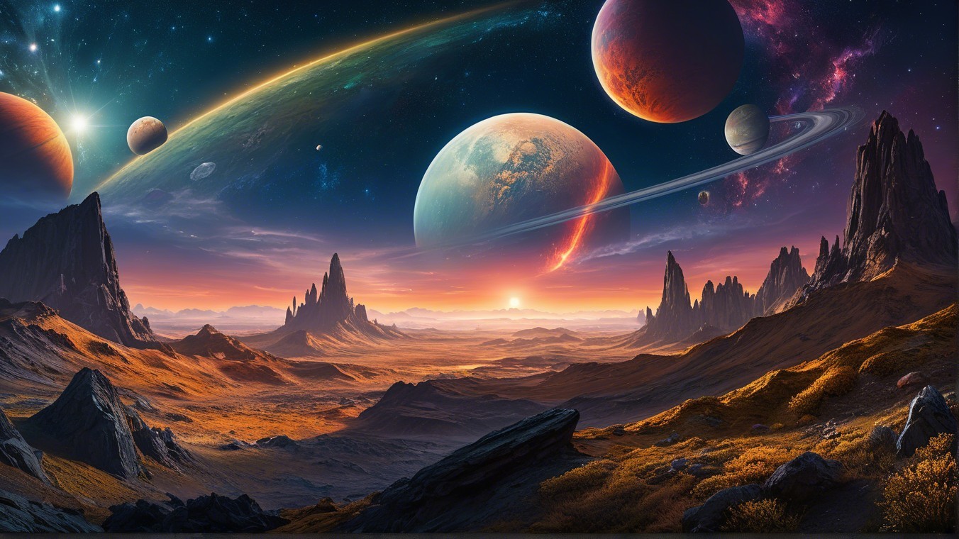 Alien Landscape with Towering Rocks and Vibrant Sky