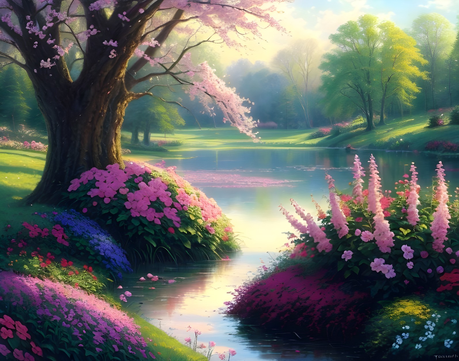 Idyllic Landscape with Blooming Flowers and Pond