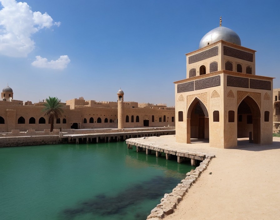 Middle Eastern architecture with domed building near turquoise water