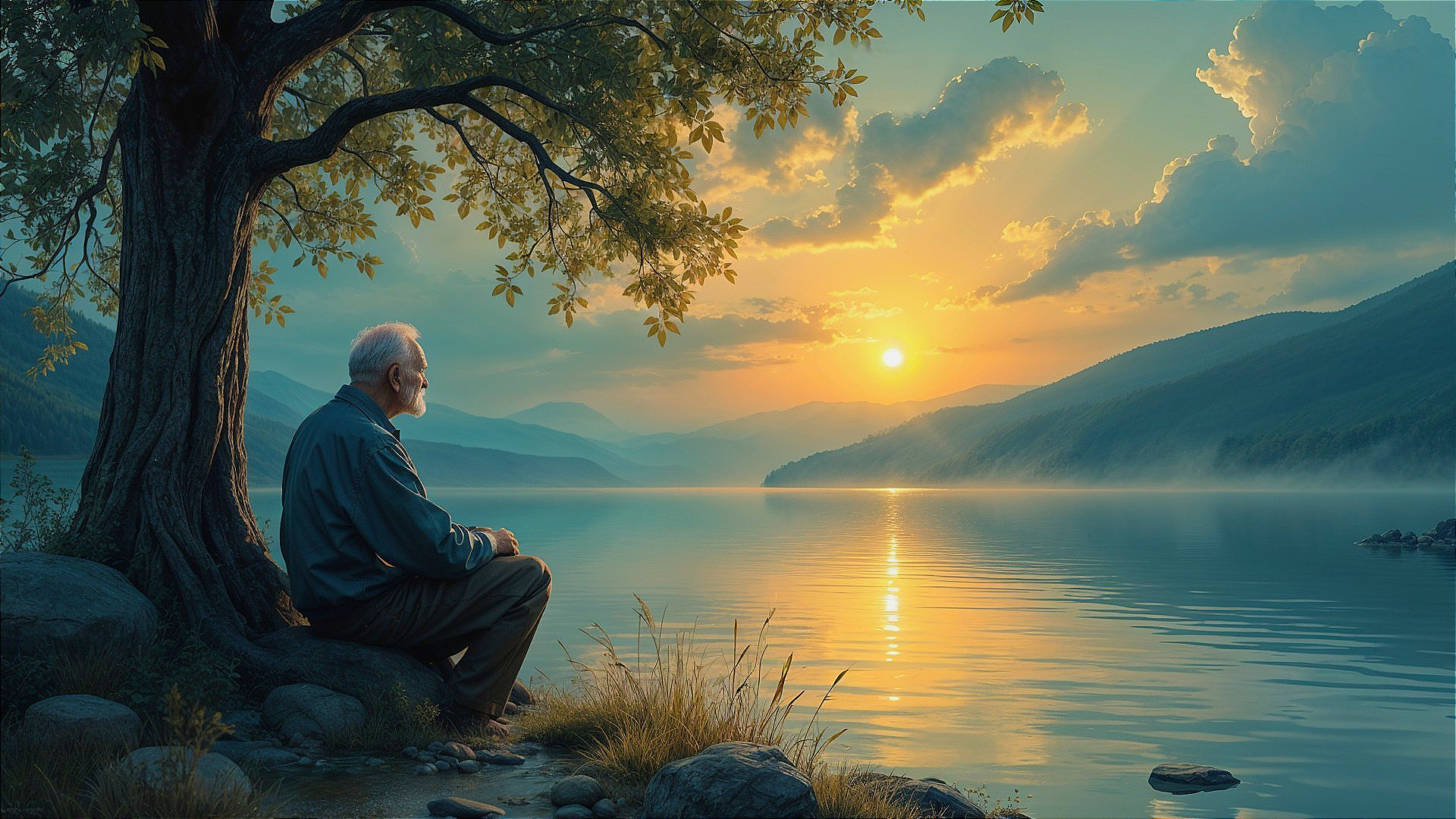 Elderly Man by Tranquil Lakeside at Sunset