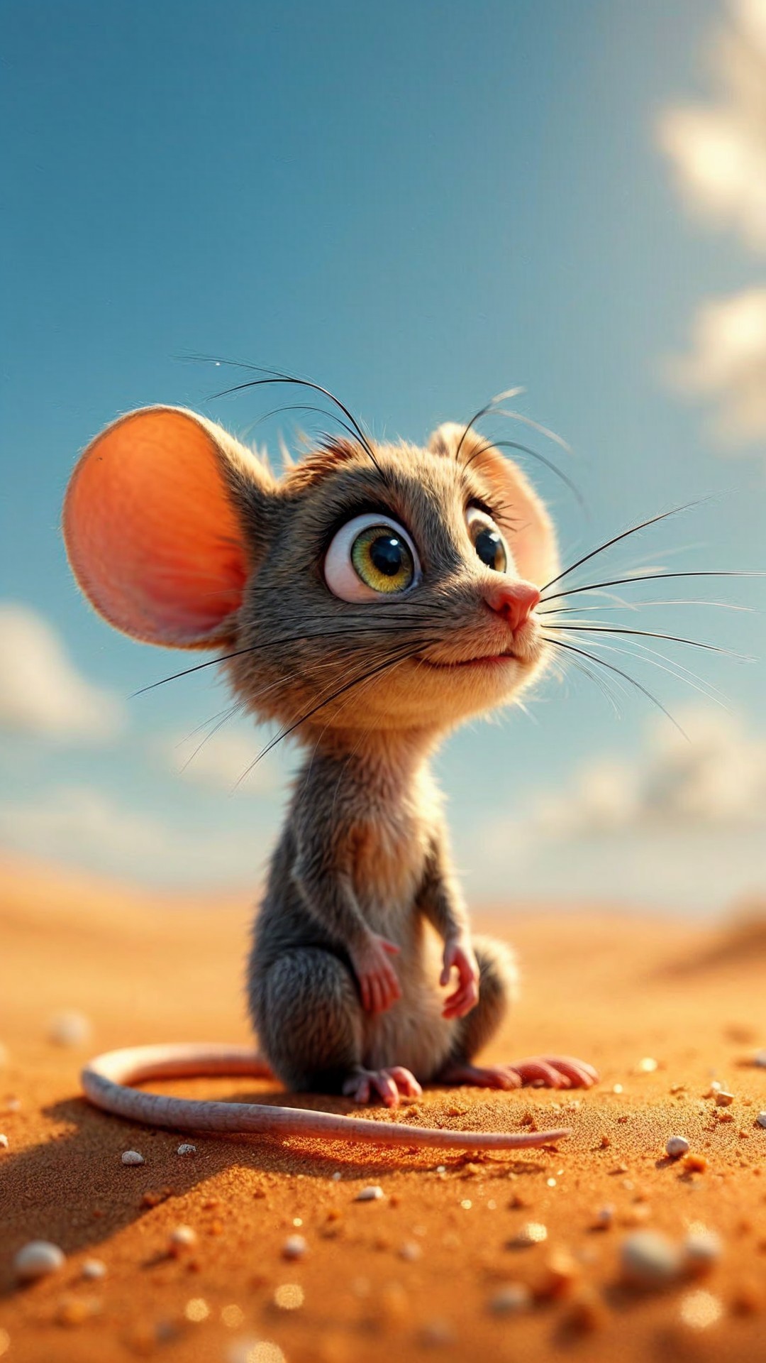Cartoon Mouse in Sandy Desert with Blue Sky