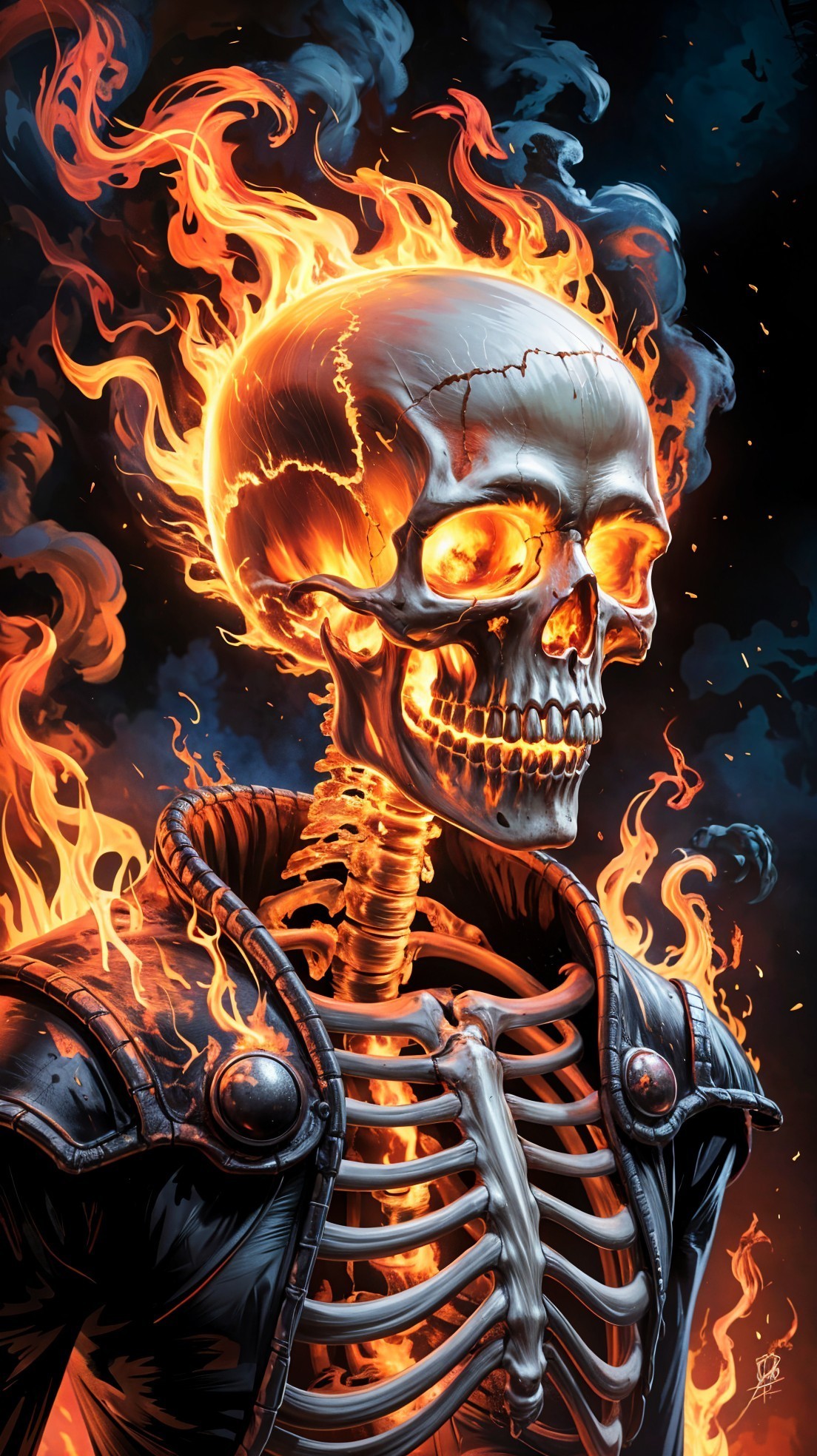 Flaming Skeleton Surrounded by Vibrant Flames and Smoke