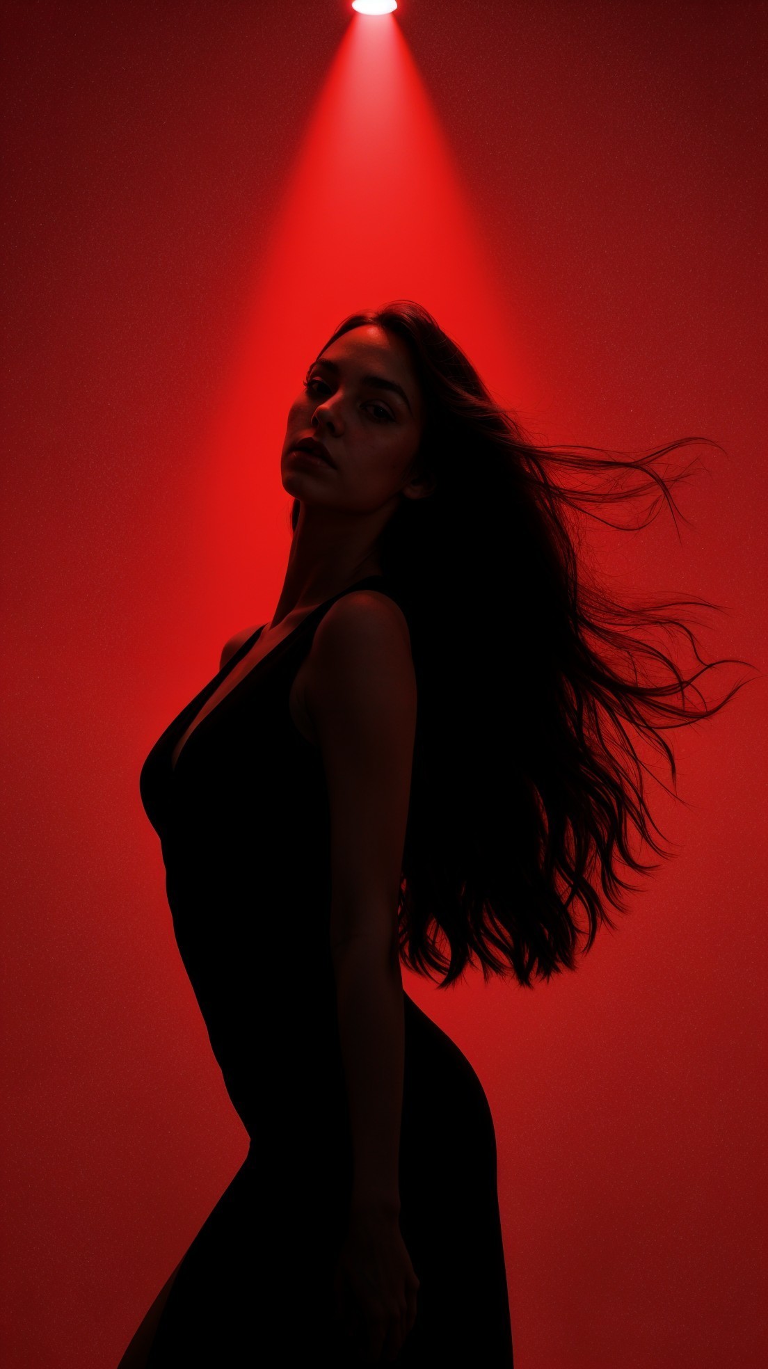 Silhouette of Woman in Black Dress Against Red Background