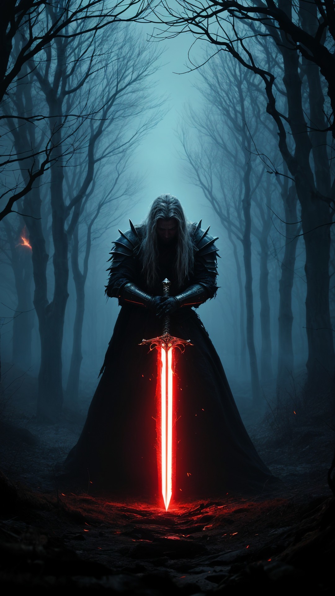 Mysterious Figure in Dark Forest with Glowing Sword