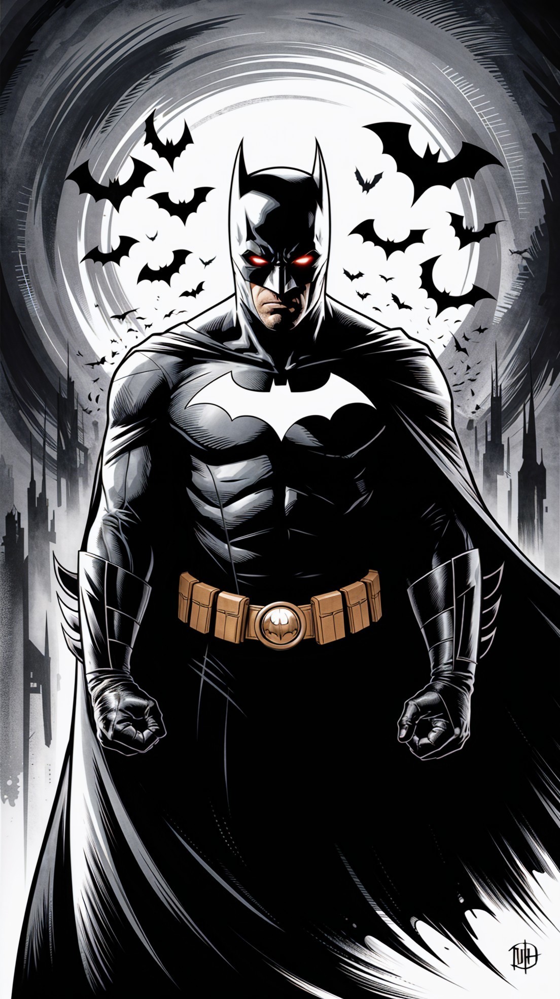Dynamic Illustration of Batman in Dark Cityscape
