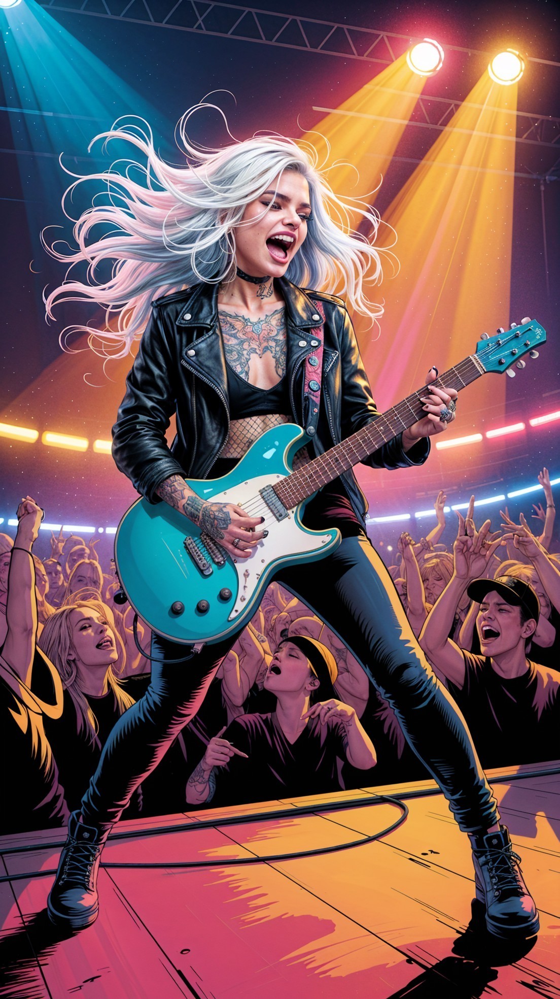 Female Guitarist in Concert with Vibrant Atmosphere