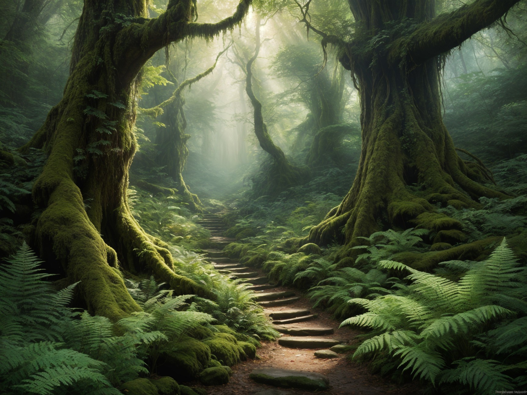 Serene Forest Scene with Mossy Trees and Ferns