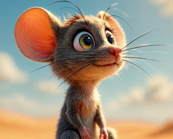 Cartoon Mouse in Sandy Desert with Blue Sky