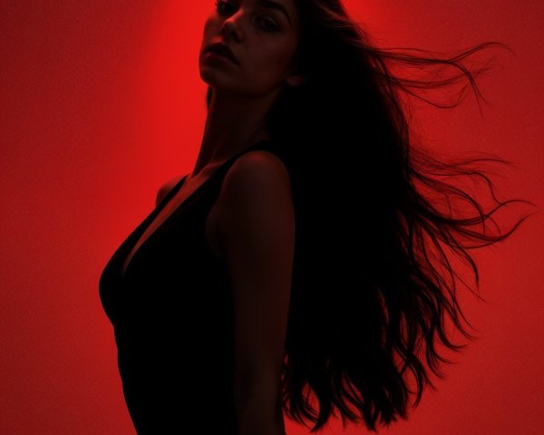 Silhouette of Woman in Black Dress Against Red Background
