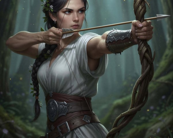 Woman in white tunic with bow in dark forest at night