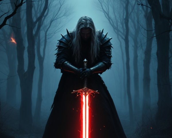 Mysterious Figure in Dark Forest with Glowing Sword