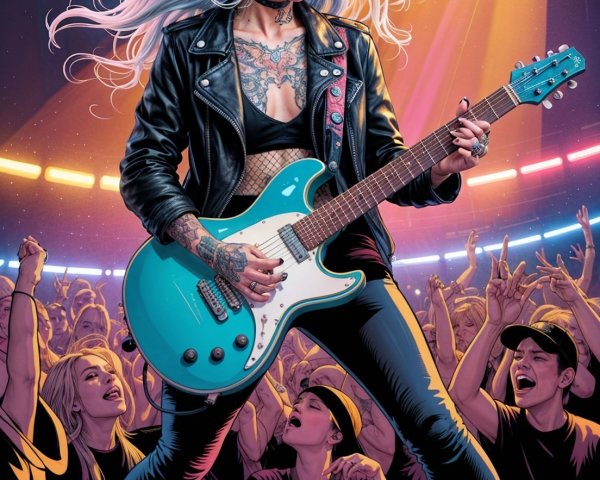Female Guitarist in Concert with Vibrant Atmosphere
