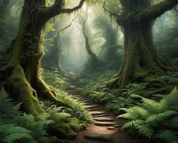 Serene Forest Scene with Mossy Trees and Ferns
