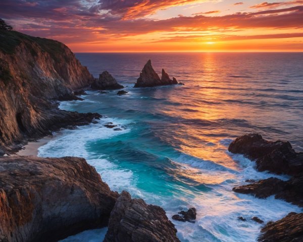 Coastal Sunset with Cliffs and Turquoise Waves