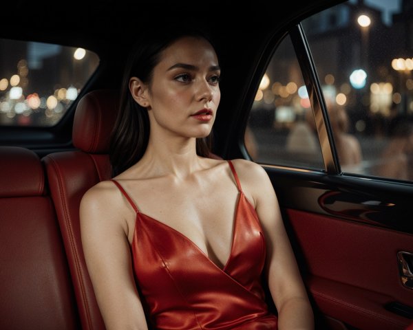 Woman in red satin dress in luxury car at night