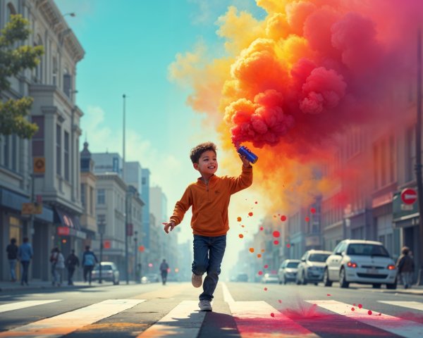 Young boy runs with vibrant smoke bomb in city street