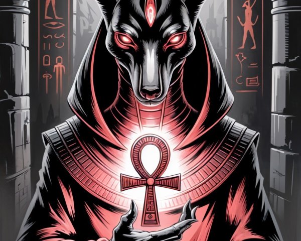 Stylized Anubis Figure with Hieroglyphics Background