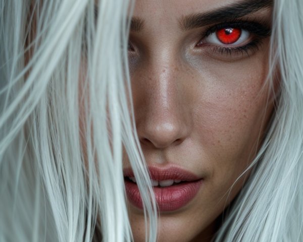 Close-up of a person with long white hair and red eye