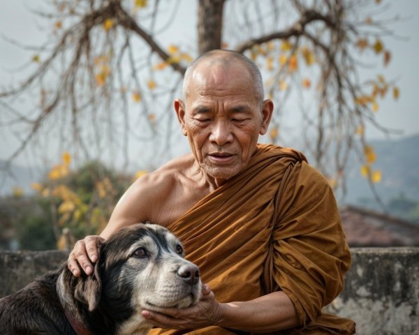 Monk in Orange Robes with Dog Under Leafless Tree