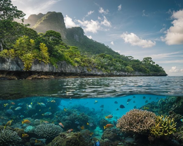 Vibrant Underwater Scene and Lush Coastal Landscape