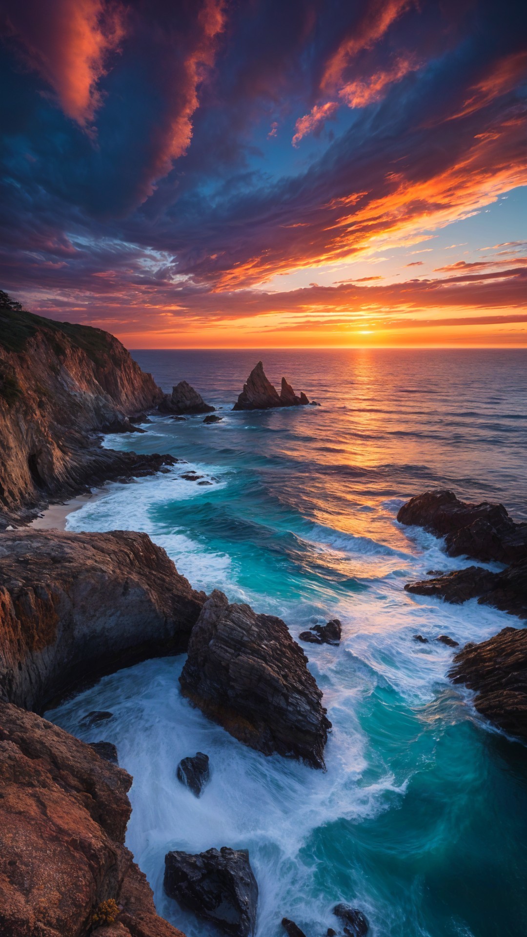 Coastal Sunset with Cliffs and Turquoise Waves