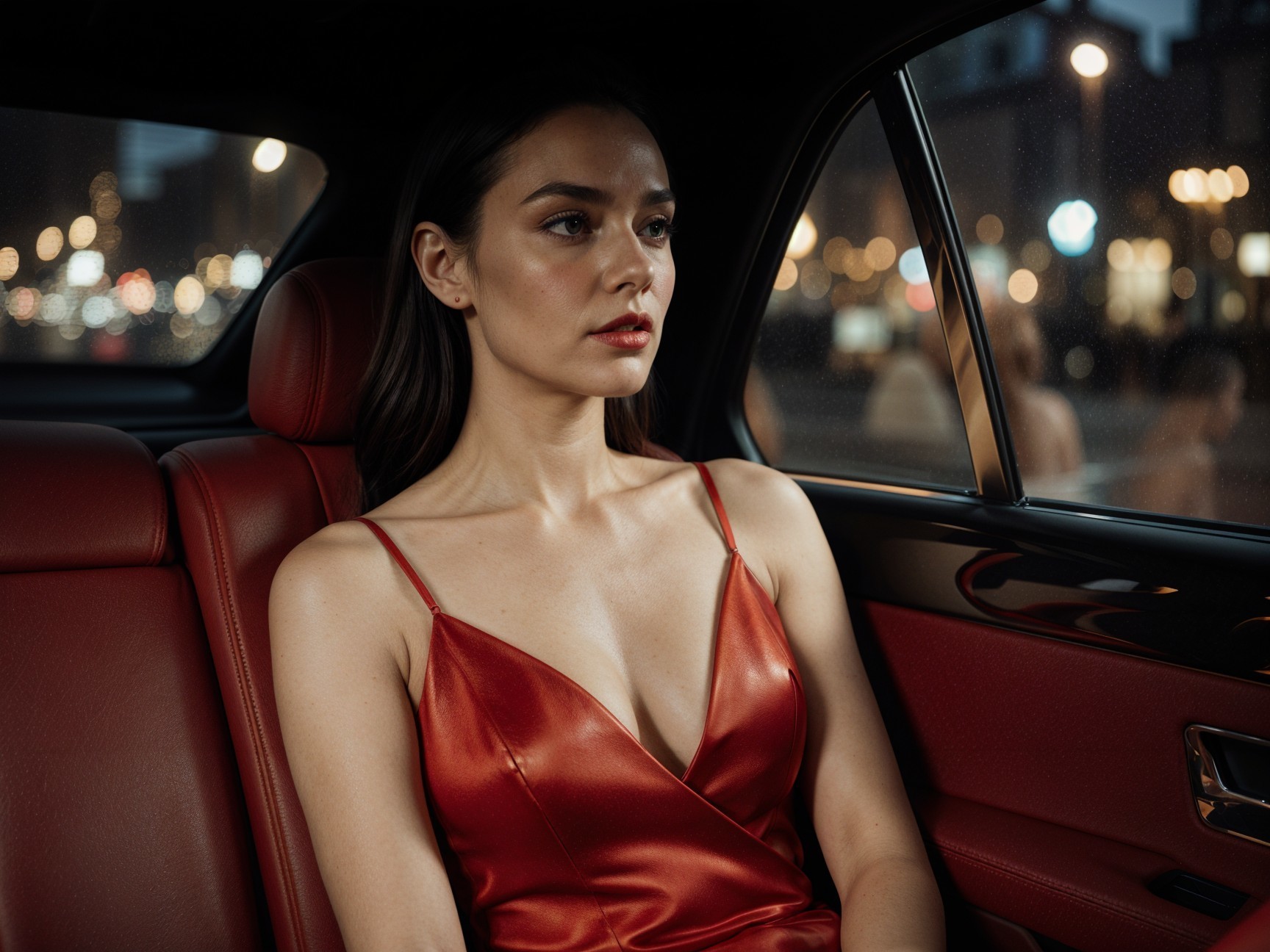 Woman in red satin dress in luxury car at night