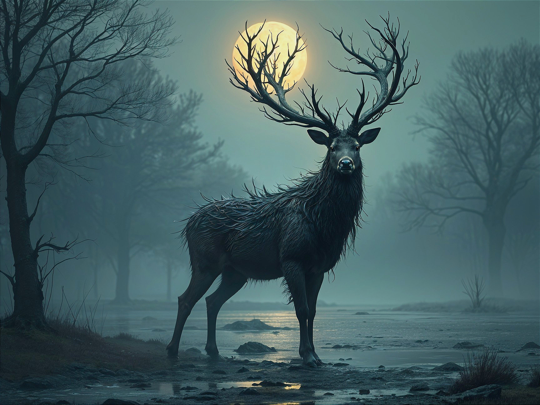 Majestic stag in misty landscape with glowing moon