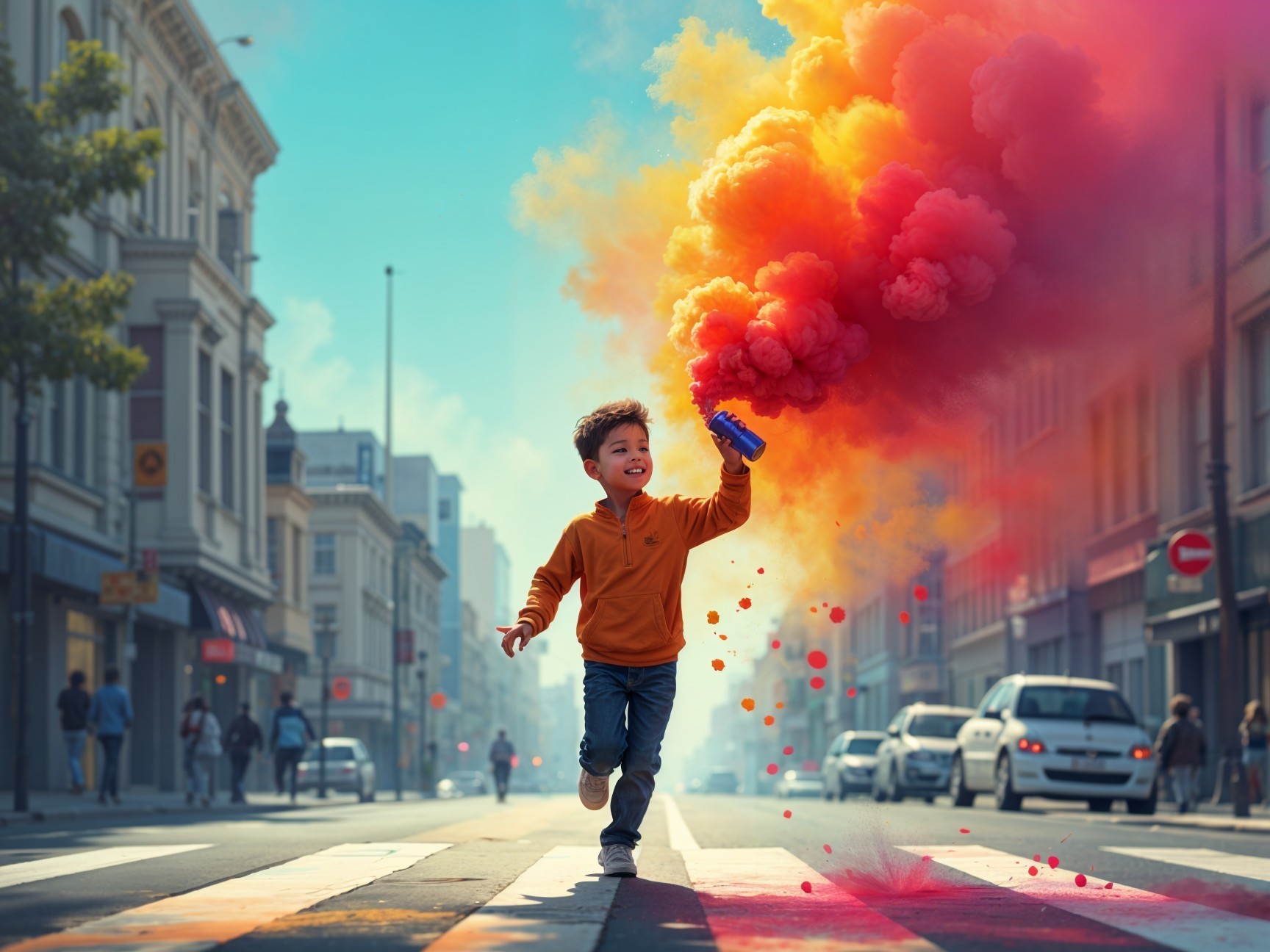 Young boy runs with vibrant smoke bomb in city street