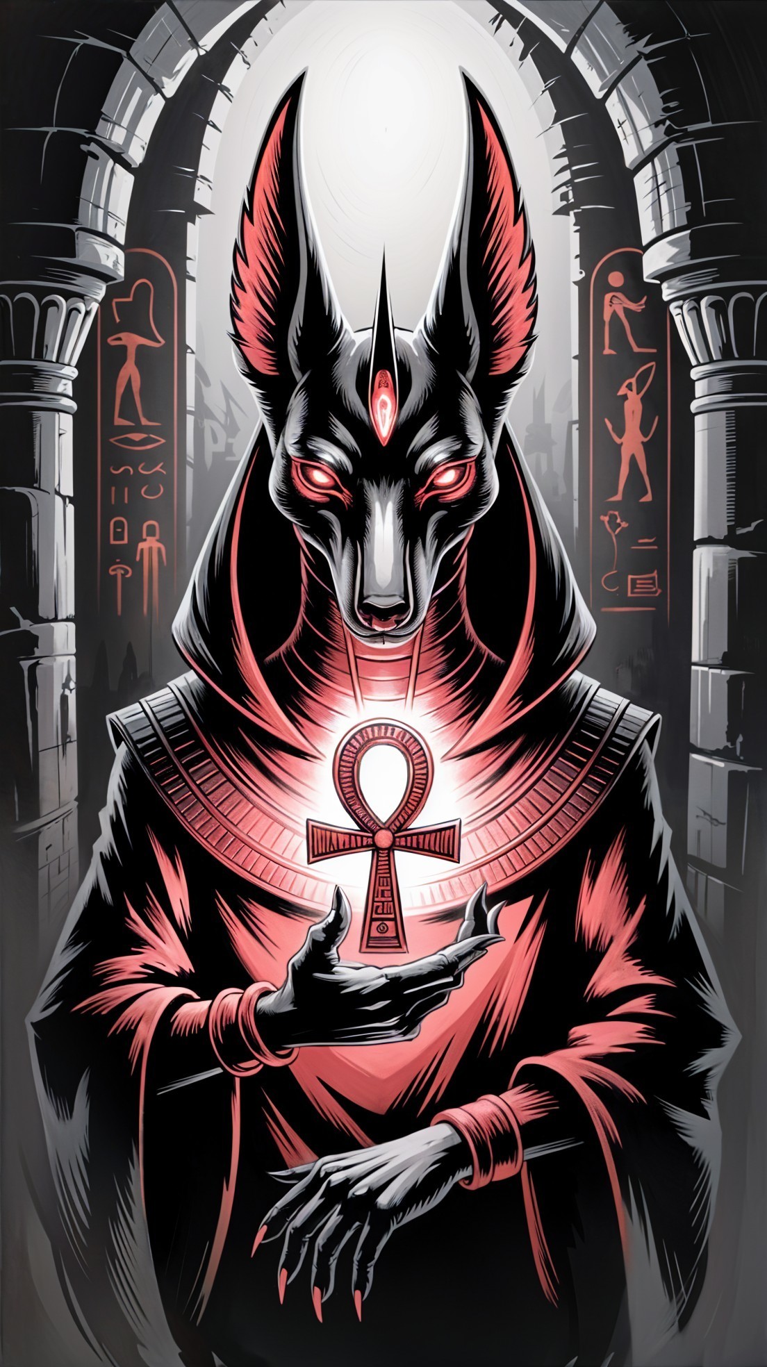 Stylized Anubis Figure with Hieroglyphics Background