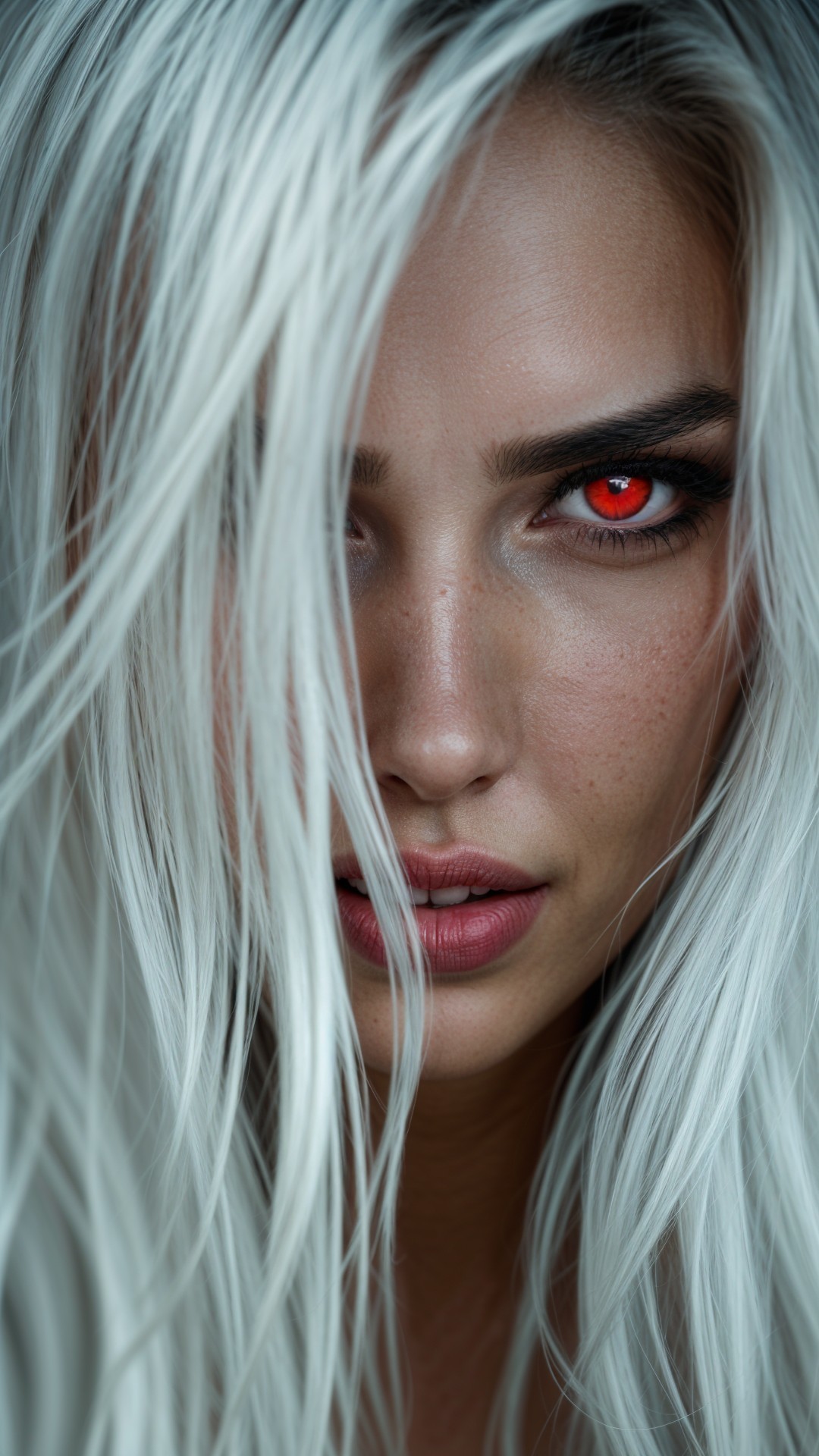 Close-up of a person with long white hair and red eye