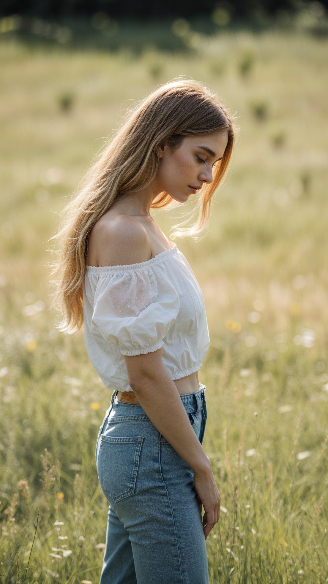 Young woman in sunlit field with tranquil demeanor