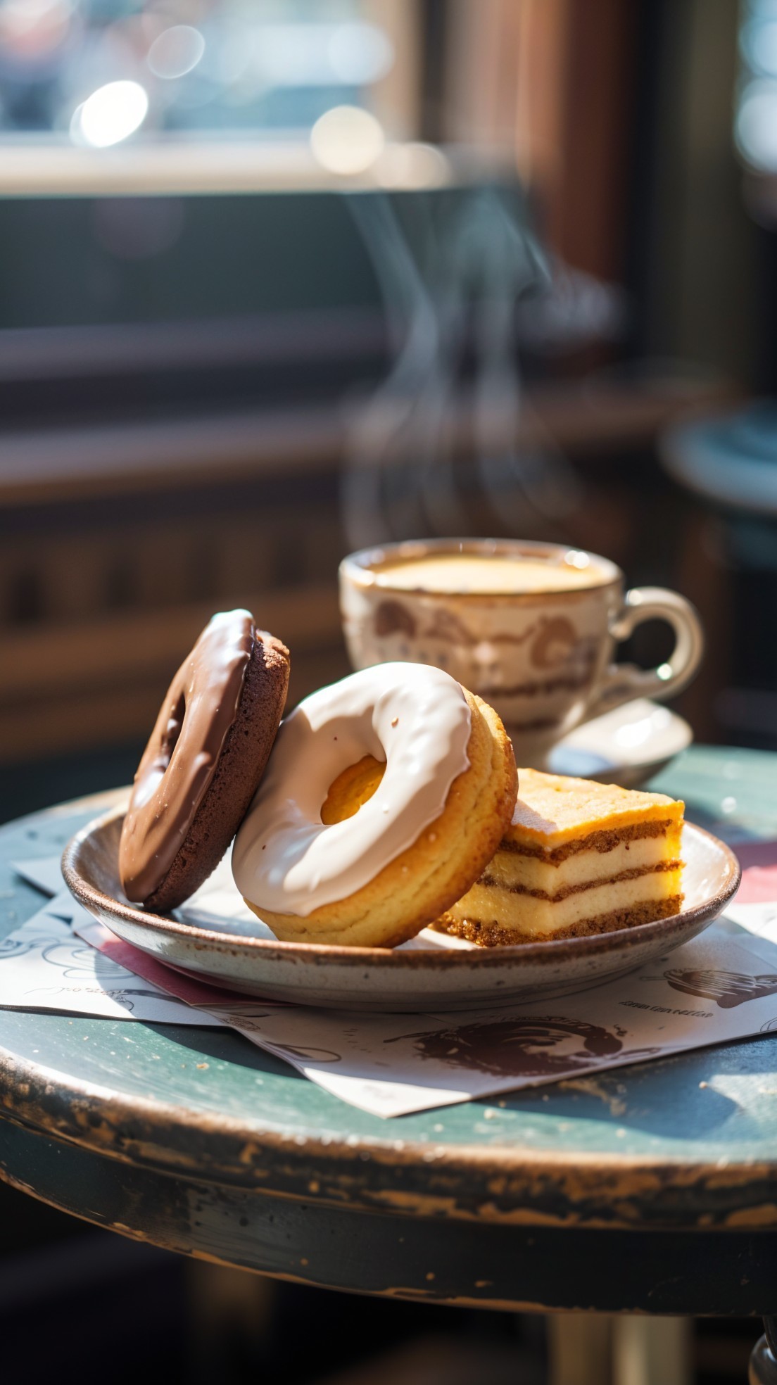 Cozy Table Setting with Donuts, Cake, and Coffee
