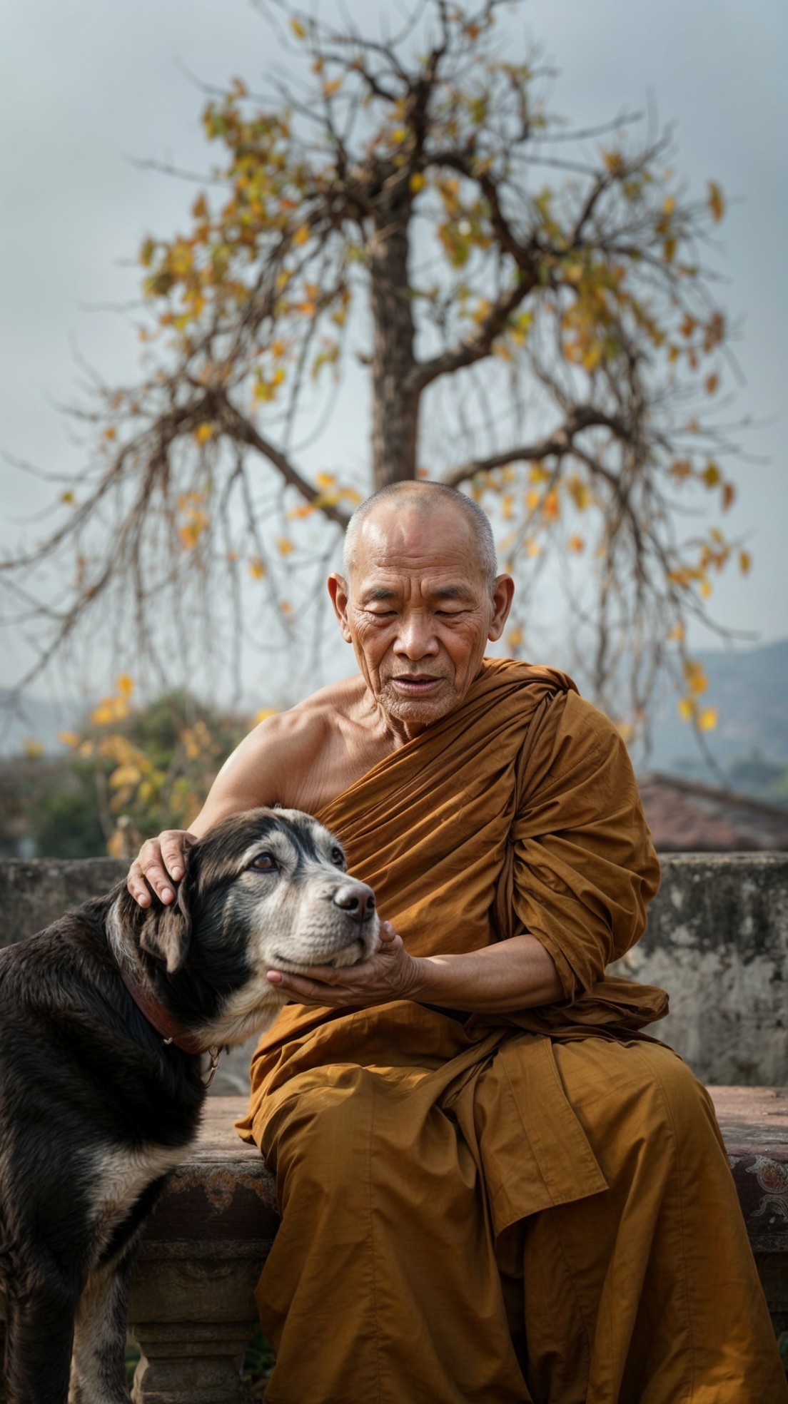Monk in Orange Robes with Dog Under Leafless Tree