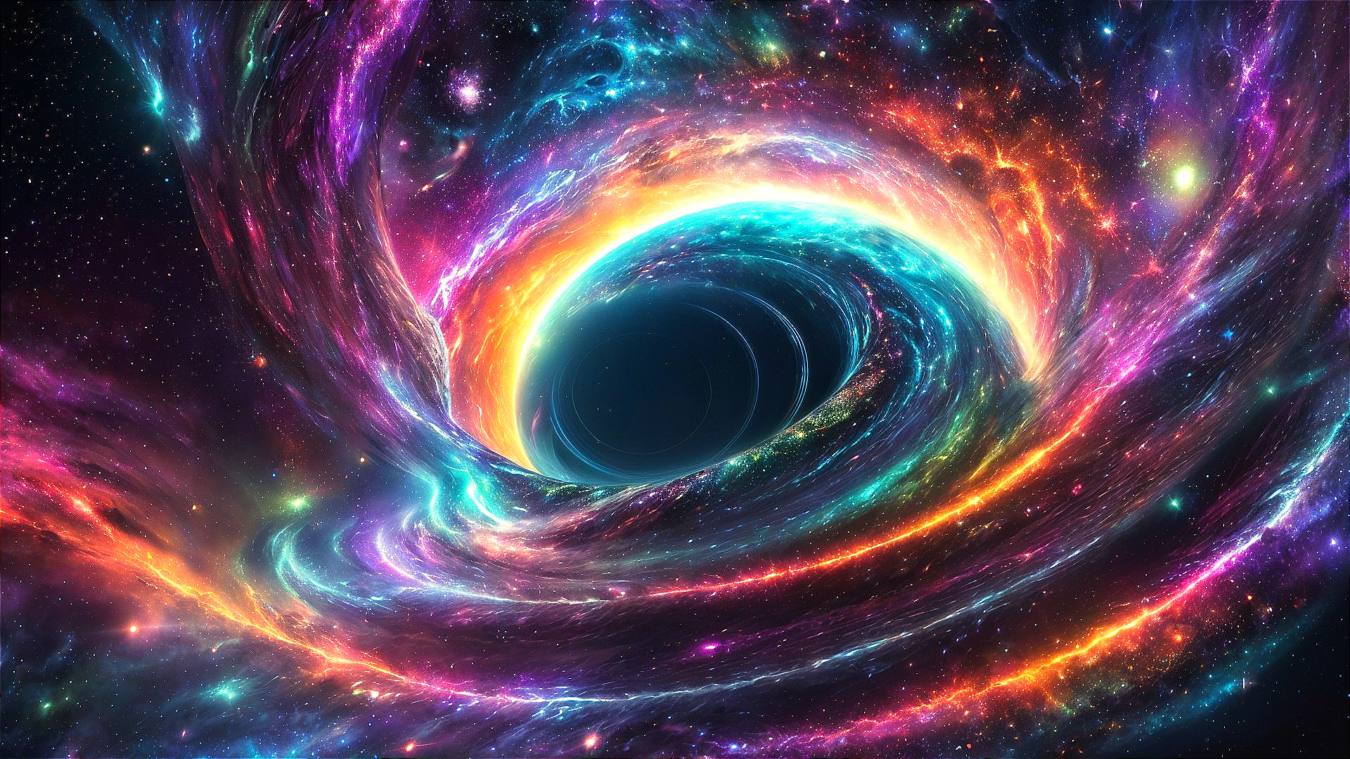 Swirling Black Hole Surrounded by Vibrant Cosmic Colors